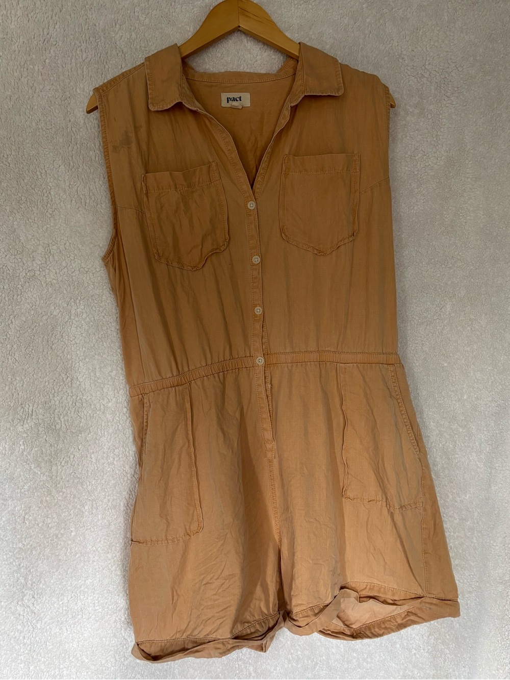 Pact Women’s Shorts Romper – Size L – Button Front 100% Organic Cotton